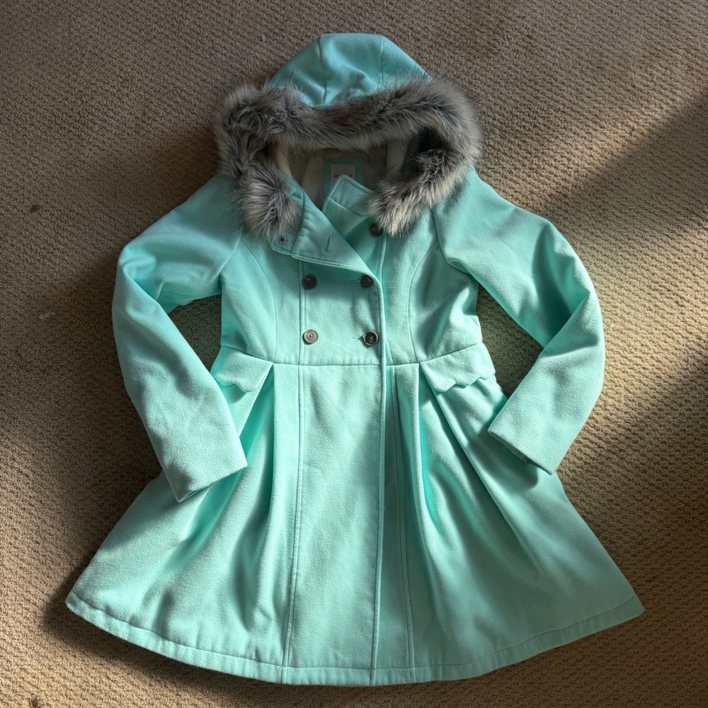 Cat & Jack Kids Mint Green Hooded Peacoat with Faux Fur Trim